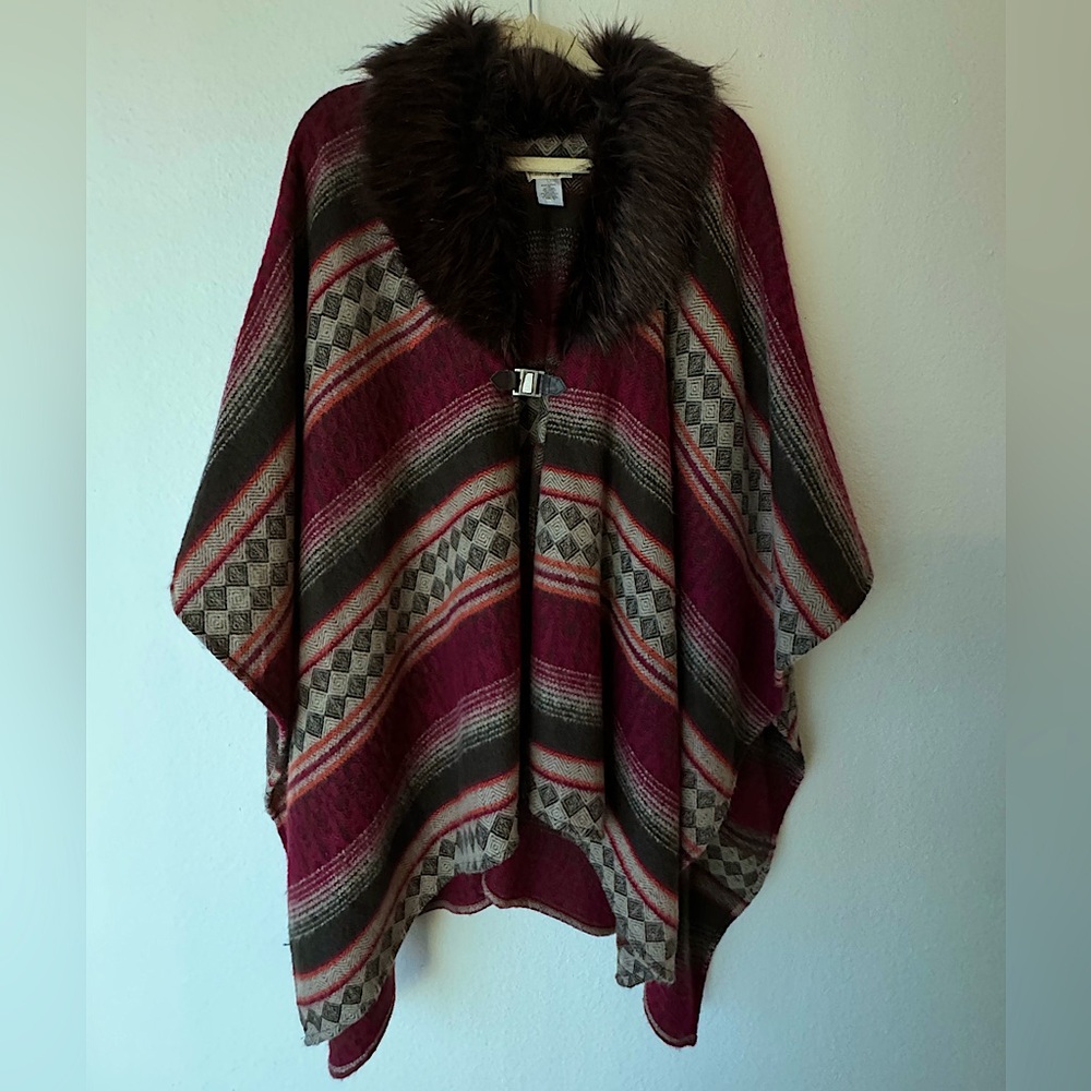 Boho faux fur collar blanket poncho cape
